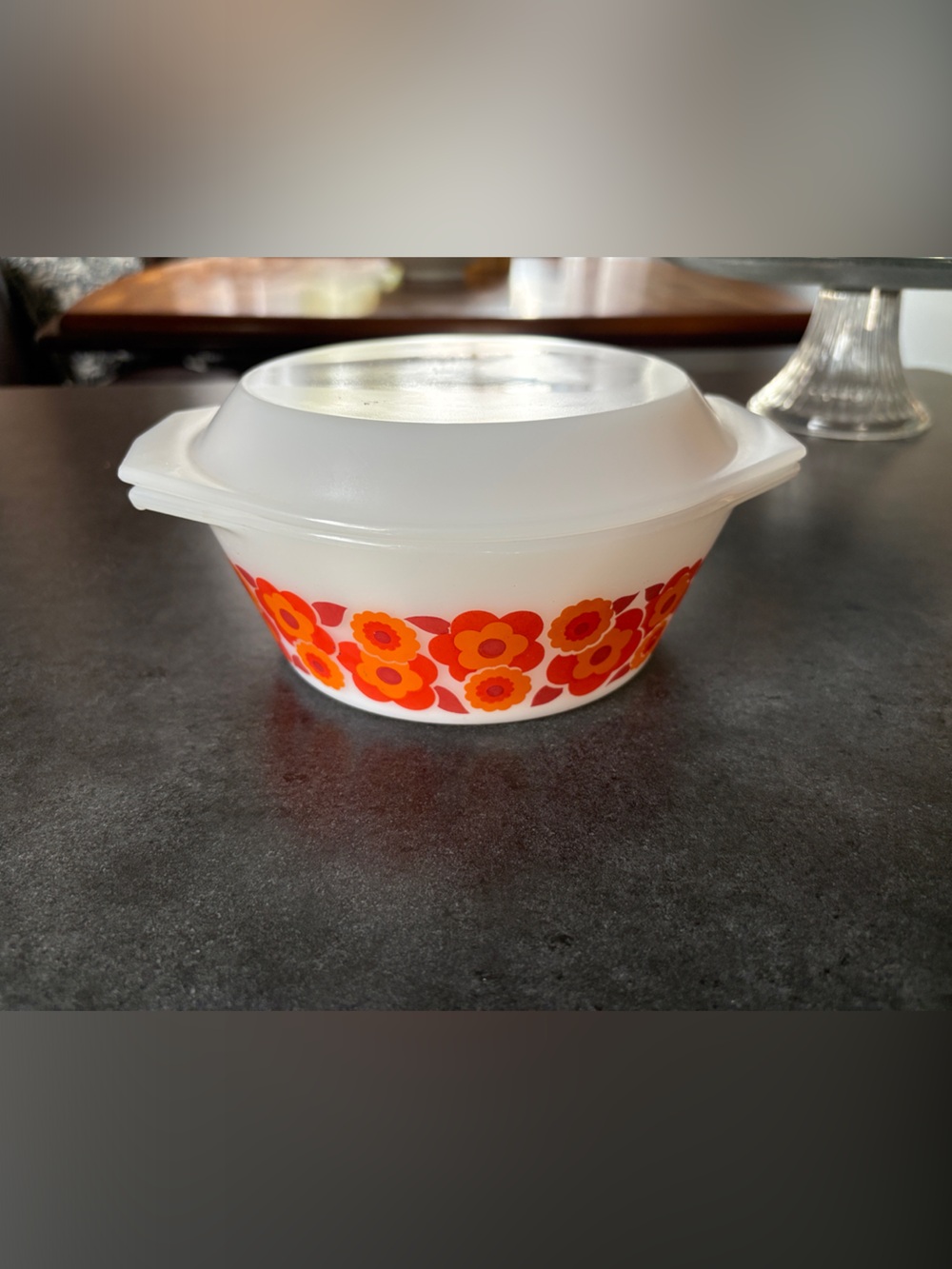 Arcopal France Retro Floral White Glass Serving Bowl with Orange and Red Flowers